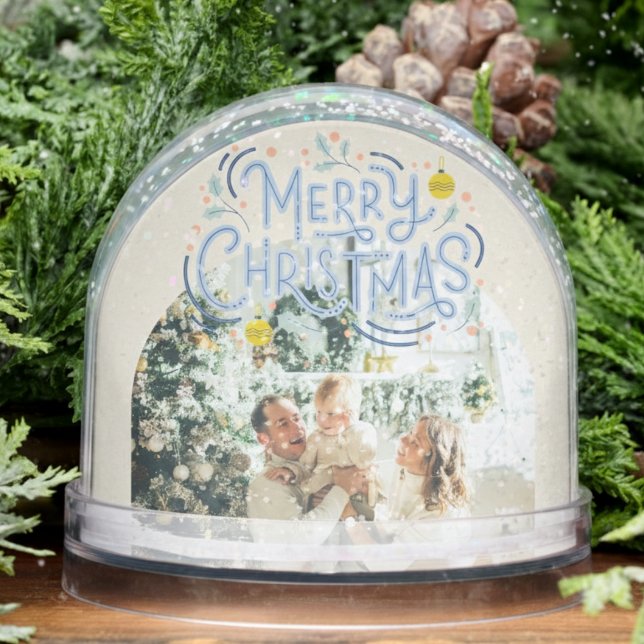 Joyeux Noël Typographie Bleue Arrondi Photo (Send cheer with this bold and playful holiday snow globe!)