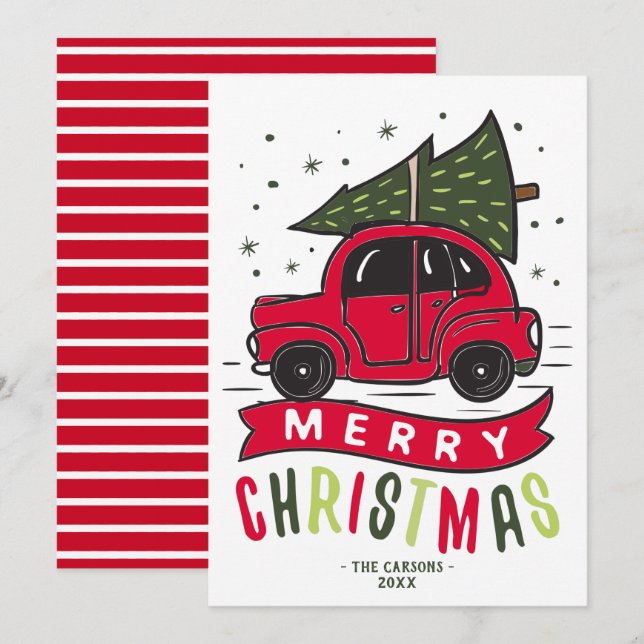 Joyeux Noël Voiture Rouge Arbre Nom Modèle Mignon (Devant / Derrière)