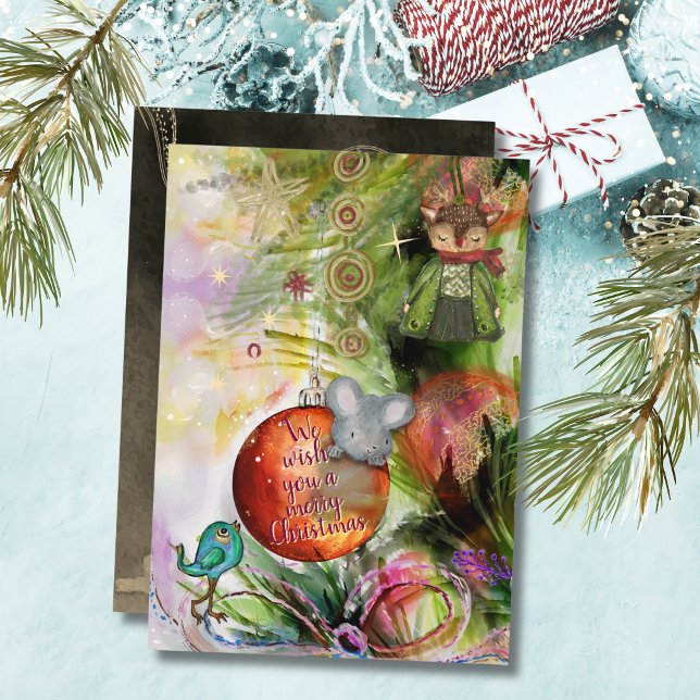 Joyeux Noël Whimsical Souris & carte d'oiseaux (Merry Christmas Whimsical Mouse & Bird Card)