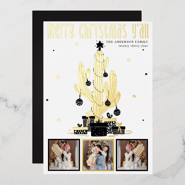 Joyeux Noël Y'all Cactus Foil Carte de vacances (Recto/Verso)