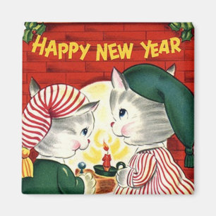 Joyeux Nouvel An Kittens Magnet Vintage