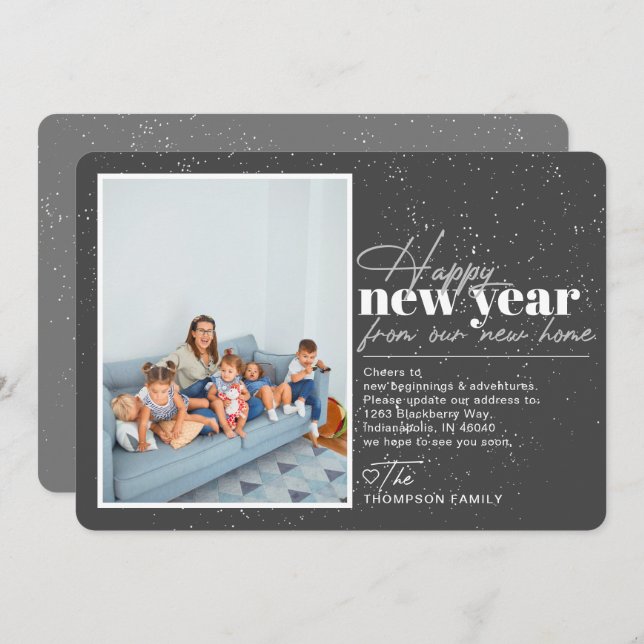 Joyeux Nouvel An Moving Faire-part Photo Grey (Devant / Derrière)
