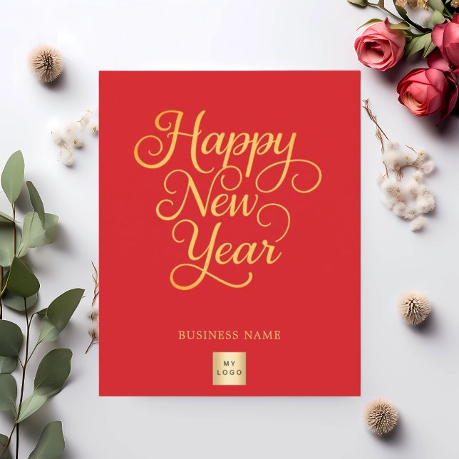 Joyeux Nouvel An rouge or script carte de logo de  (Créateur téléchargé)