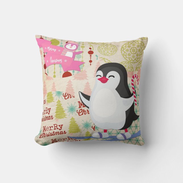 Joyeux Oreiller Pingouin Rose Jeu de Noël (Recto)