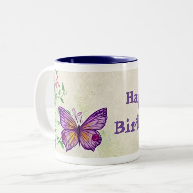 Joyeux papillon d'anniversaire Fleurs de café Mug (Devant gauche)