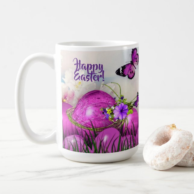 Joyeux Pâques Mug Oeufs de Pâques Violets & Papill (Avec donut)