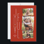 Joyeux photo collage rouge carte de vacances<br><div class="desc">Un traitement moderne gris et blanc empilé joyeux type se trouve à côté d'un collage de trois photos sur un arrière - plan rouge. Le support de coordination rayé est une couleur correspondante. Cette carte de vacances est la façon idéale d'envoyer des voeux de Noël heureux.</div>