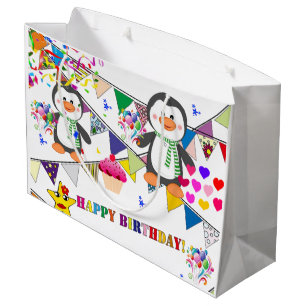 Joyeux pingouin à sac cadeau d'anniversaire