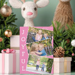 Joyeux Pink Kids Photo mignonne Christmas Magnet C<br><div class="desc">Jolie carte magnétique de Noël rose collage photo avec 3 photos d'enfants dans un amusant motif de cliché superposant avec bordure blanche et le mot Joyful écrit verticalement sur le côté. Trouvez vos trois photos préférées pour ces jolis magnets de vacances en famille.</div>