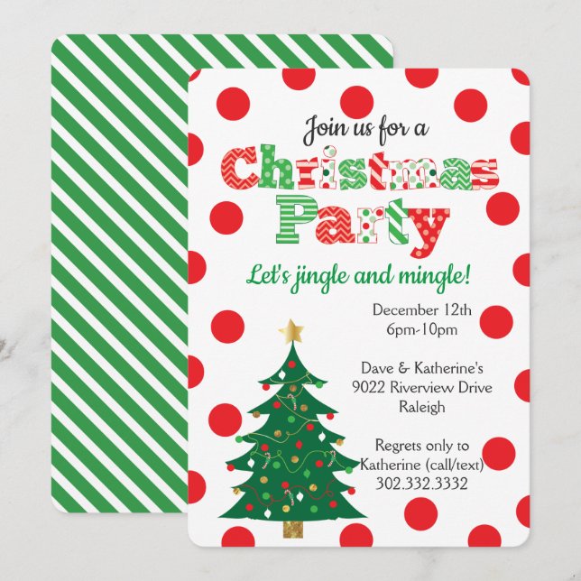 Joyeux Polka Dot Christmas Tree Party Invitation (Devant / Derrière)