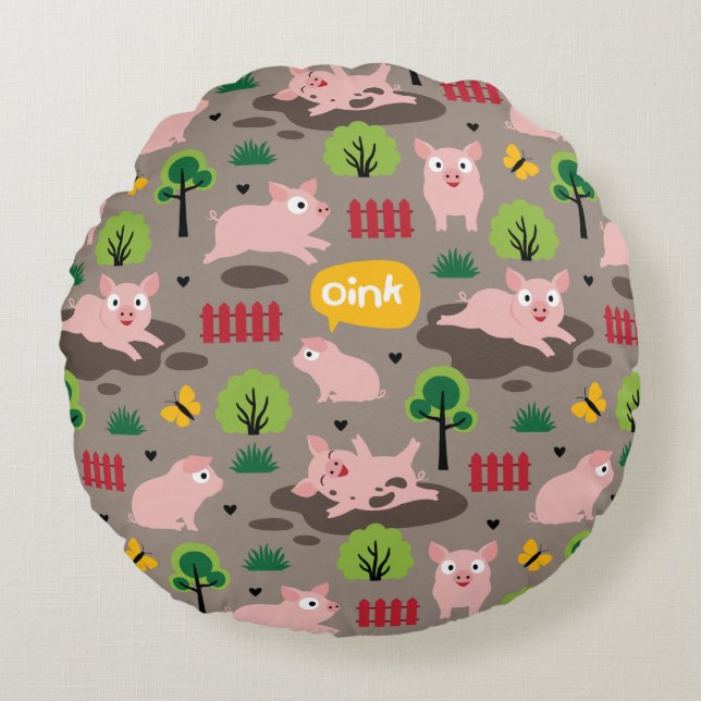 Joyeux Porcelets Dans La Boue Coussin Rond (Devant)