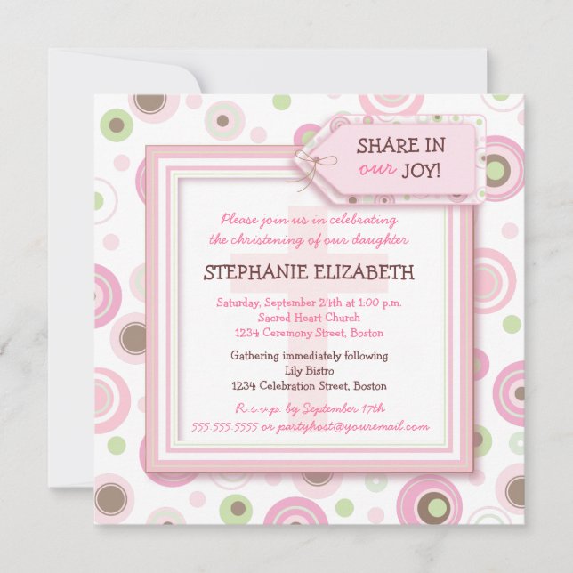 Joyeux Pots Roses Baby Girl Christening Invitation (Devant)