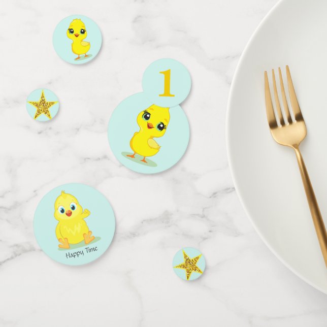 Joyeux poulet sur table bleu clair Confetti (Groupe)