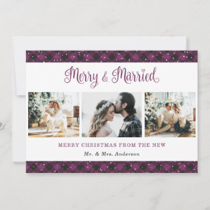 Joyeux purple plaid et carte de Noël marié