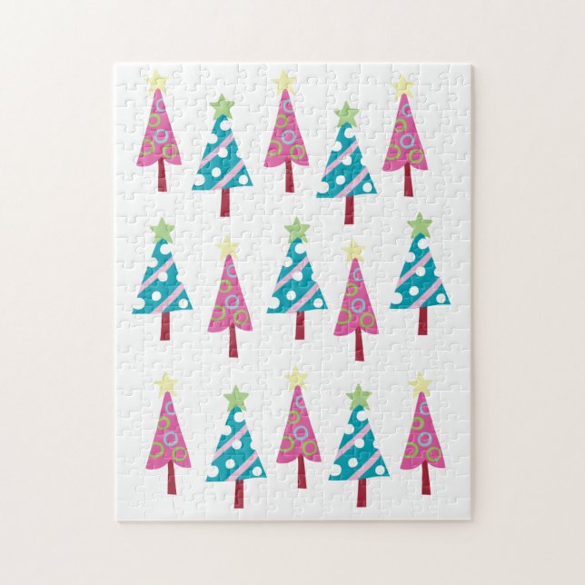 Joyeux Puzzle de Noël Arbres de Noël Rose Bleu (Vertical)