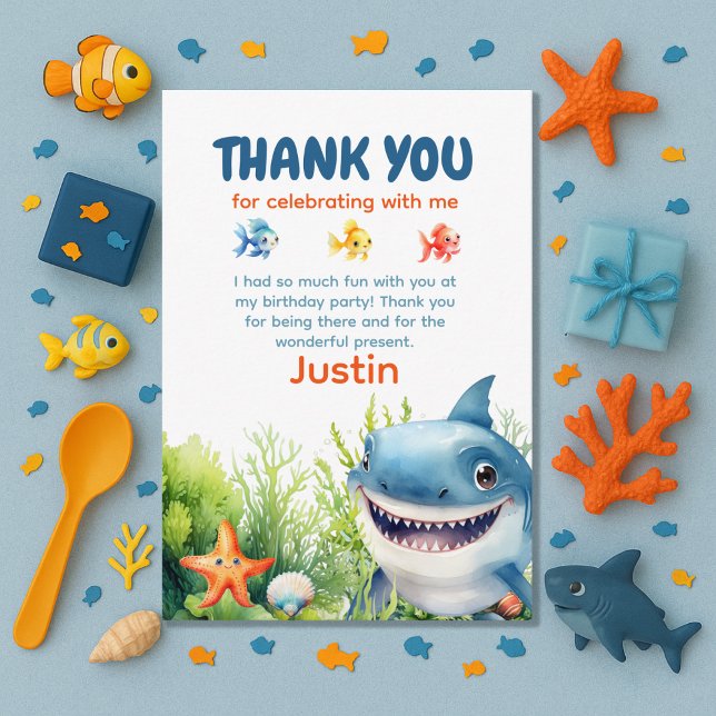 Joyeux requin sous la mer Anniversaire Merci (Happy Shark Under the Sea birthday party thank you card)