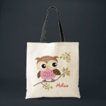 Joyeux Sac fourre-tout de Chouette Rose<br><div class="desc">Le hibou est rose et marron clair avec des tons motif roses. Les feuille sont en mélange de brun,  vert,  citron vert et jaune avec des branches beiges foncées. Il s'agit d'une illustration numérique et personnalisable.</div>