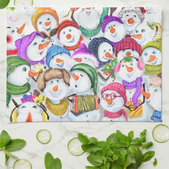 Joyeux Snowmans Fête de Noël Serviette de cuisine (Plié)