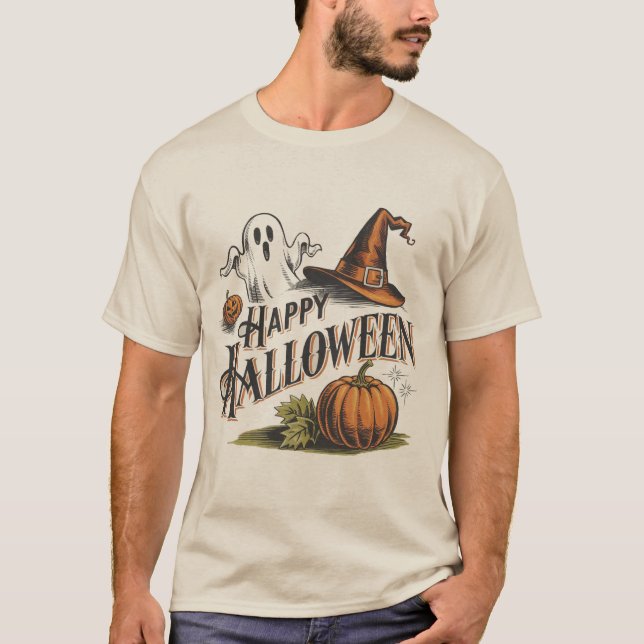 Joyeux T-shirt Vintage Halloween avec Citrouille f (Devant)