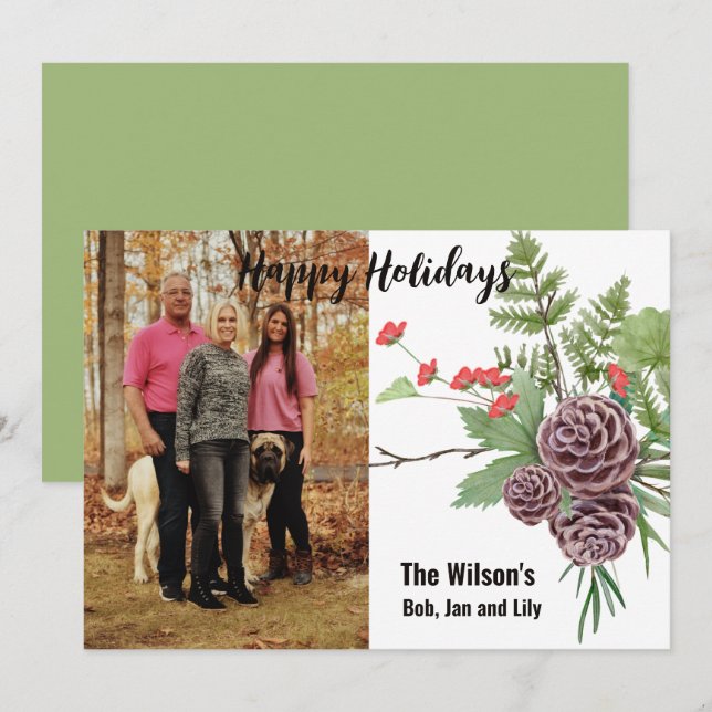 Joyeux vacances hiver Floral Rustic Carte photo (Devant / Derrière)