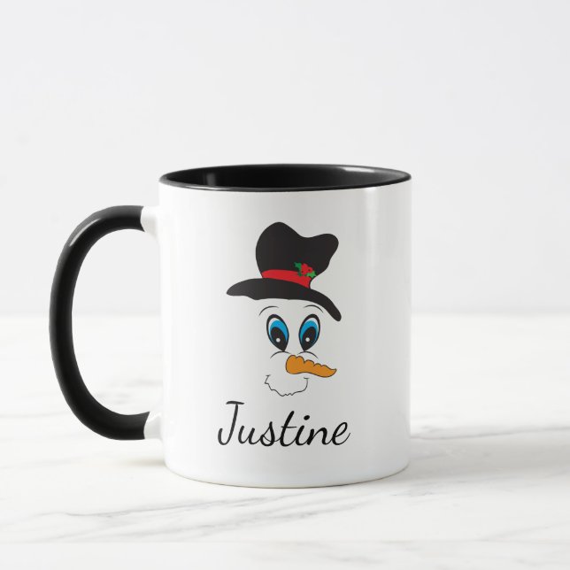 Joyeux visage Snowman Nom personnalisé Mug de Noël (Gauche)