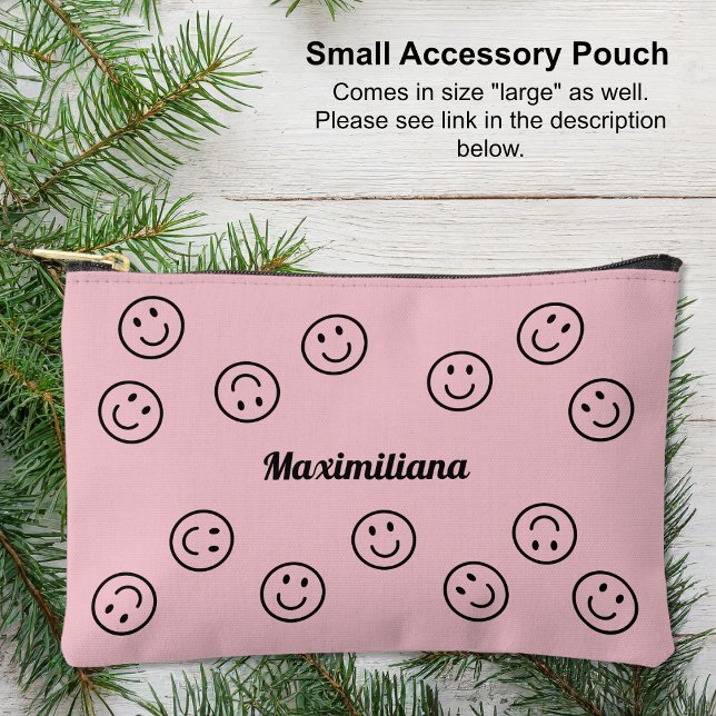 Joyeux visages noir sur rose - PETIT sac d'accesso (Small Accessory Pouch - Happy Faces Black on Pink by Leapfroglisics Shop)
