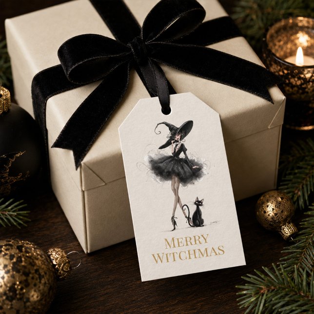 Joyeux Witchmas – Étiquette Cadeau de Sorcière Got (Merry Witchmas – Playful Gothic Witch Gift Tag)