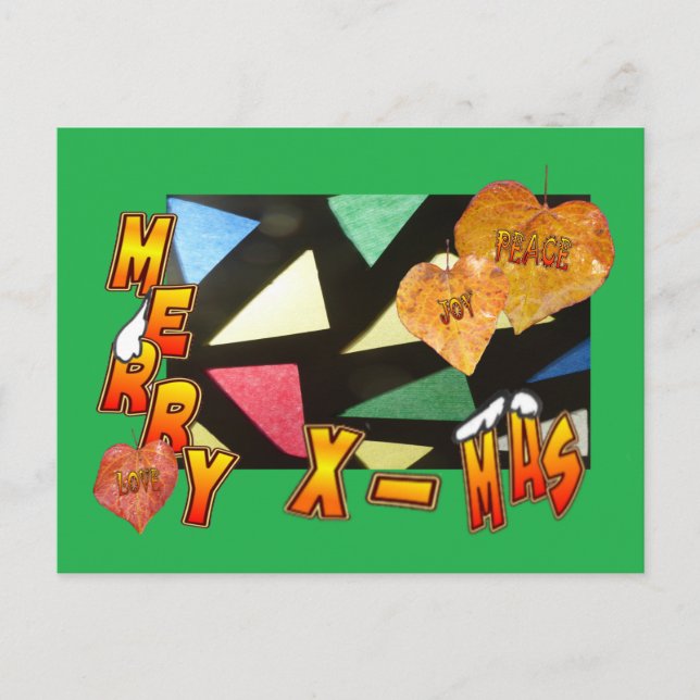 Joyeux Xmas Vitrail et carte postale verte Feuille (Devant)