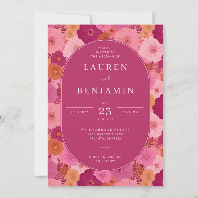 Joyful Magenta Floral Wedding Invitation (Devant)