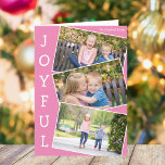 Joyful Pink Enfants Photo mignonne Plier Carte de<br><div class="desc">Carnet de Noël rose mignonne carte pliée avec 3 photos d'enfants dans un amusant motif de cliché superposé avec bordure blanche et le mot Joyful écrit verticalement sur le côté. Trouvez vos trois photos préférées pour ces jolis cartes de fin de année de famille.</div>