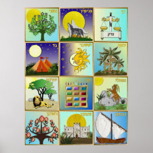 Judaica Affiche d'art des 12 tribus d'Israël