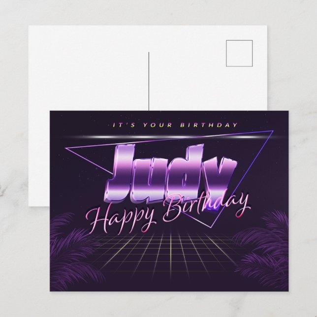 Judy prénom carte postale violette anniversaire (Devant / Derrière)