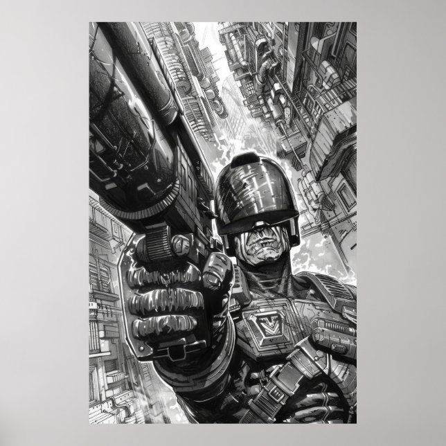 Juge Dredd avec Shotgun - Affiche rétro Sci-Fi (Devant)