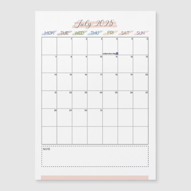 Juillet 2025 Calendrier magnétique (Devant)