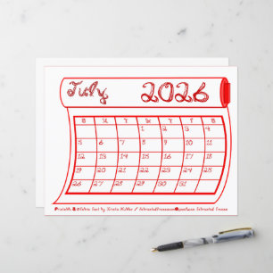 Juillet 2026 Mois Calendrier Sm Rouge Tissu Fonte 