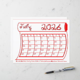 Juillet 2026 Mois Calendrier Sm Rouge Tissu Fonte