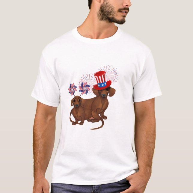 Juillet 4 Juillet T-shirt Patriotique Dachshund (Devant)