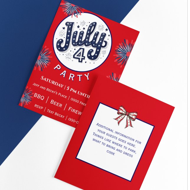 July Fourth with Fireworks in Red White and Blue  (Fully customize the front and back of your Fourth of July party invitation)