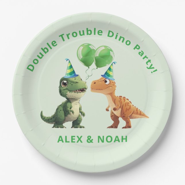 Jumeaux Anniversaire Dinosaure Assiette en Papier  (Devant)