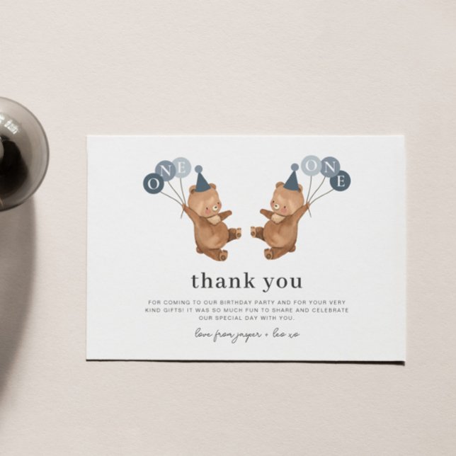Jumeaux - Casquettes de la fête des ours - Carte d (Boy Twins - Bears Party Hats - Thank You Card)