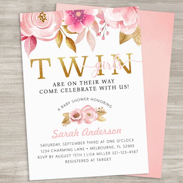 Jumelles Baby shower rose pâle Invitation (Twin Girls Baby Shower Invite)