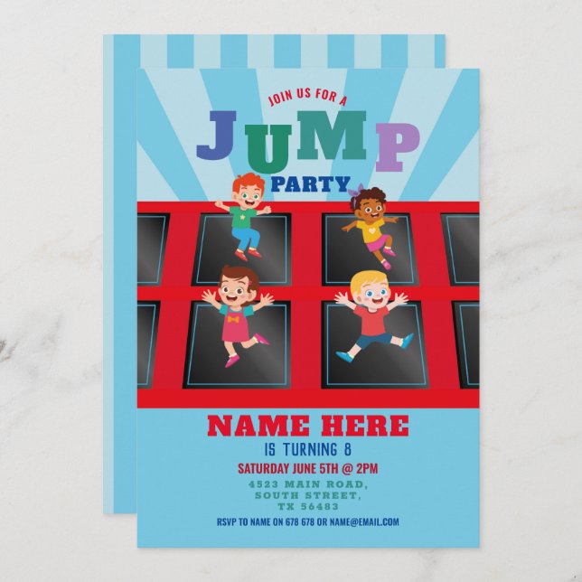 Jump Trampoline Anniversaire Blue Boys Invitation (Devant / Derrière)