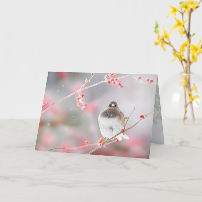 "Junco à bec noir d'hiver", Carte de vœux pliée 5" (Fleur jaune)