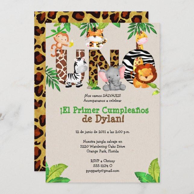 Jungle 1er anniversaire Invitations de fête - Espa (Devant / Derrière)