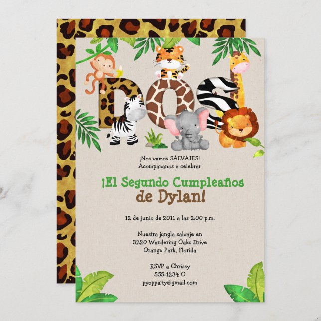 Jungle 2ème anniversaire Invitations de fête - Esp (Devant / Derrière)