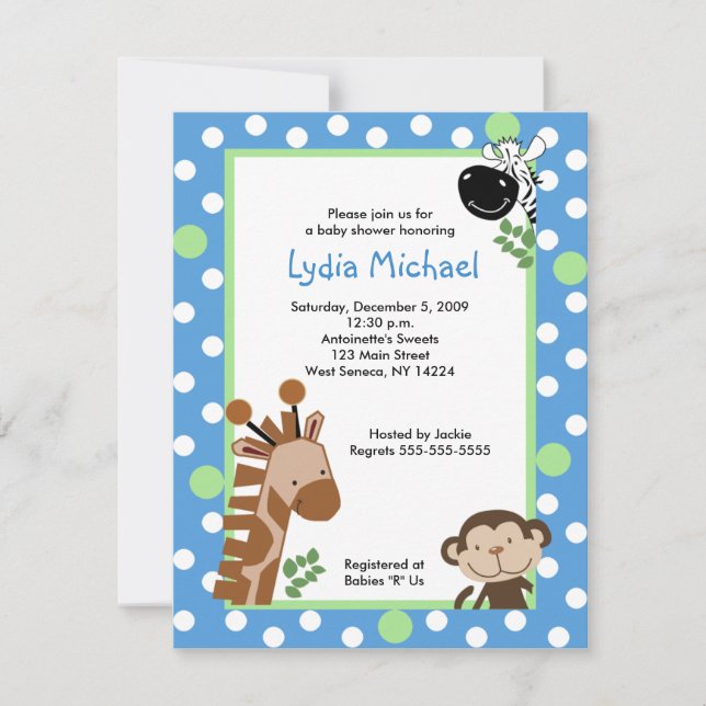 JUNGLE ADVENTURE BLUE 4x5 Baby Shower Invitations (Devant)