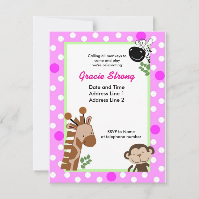 Jungle Adventure Pink Safari Invitations d'anniver (Devant)