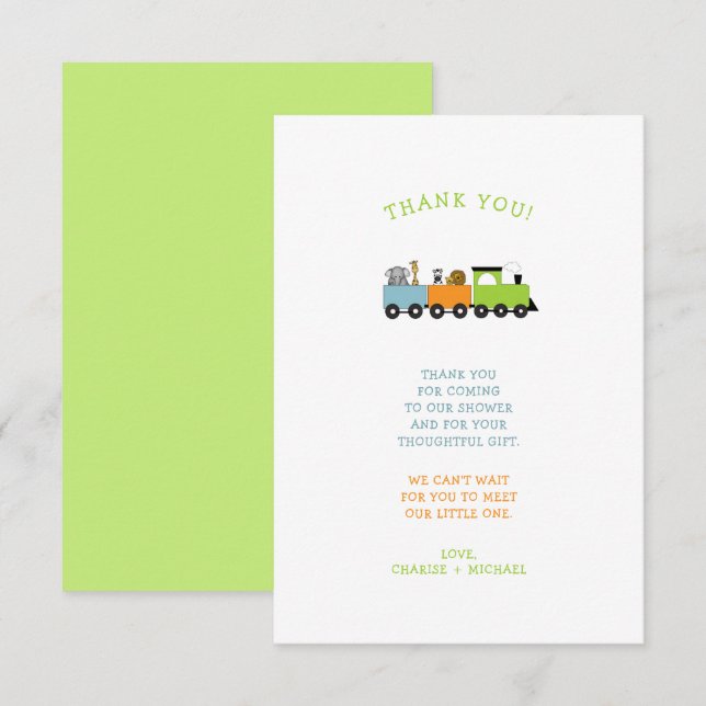 JUNGLE ANIMAL TRAIN baby shower merci note (Devant / Derrière)