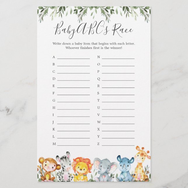 Jungle Animals Baby shower ABC's Race Game (Devant)