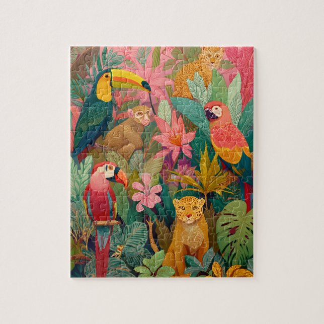 Jungle Animals Puzzle – Leopard and Tropical Birds (Vertical)